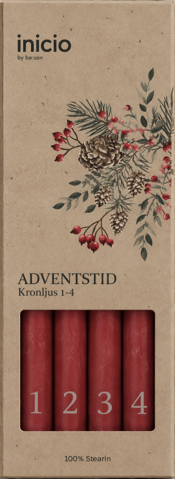 inicio Kronljus Adventsljus Djupröd Stearin28cm 4p